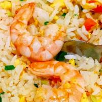 Shrimp Fried Rice (Cơm chiên tôm) · shrimp, egg, carrot, snow pea, jasmine white rice.