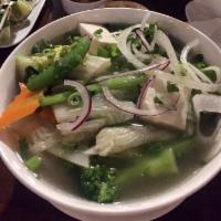 Tofu and Mixed Vegetables Noodle soup (Phở chay) · White Tofu with cabbage, snow peas, broccoli, bok choy, carrots, mushrooms, veggie broth and...