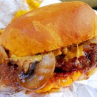 Steakhouse Burger · Fried onions, cheddar, mushrooms and steak sauce.