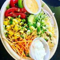 Johnny Cash Lunch Bowl · Grilled chicken, avocado, roasted corn, red onion, roasted red peppers, shredded carrot, sca...