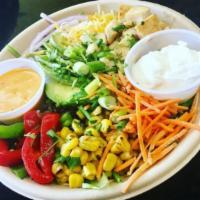 Johnny Cash Salad  · Grilled chicken, avocado, roasted corn, red onion, roasted red peppers, shredded carrot, sca...