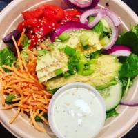 Hipster Lunch Bowl  · Roasted red peppers, cucumber, red onion, shredded carrot, avocado, scallions and toasted se...