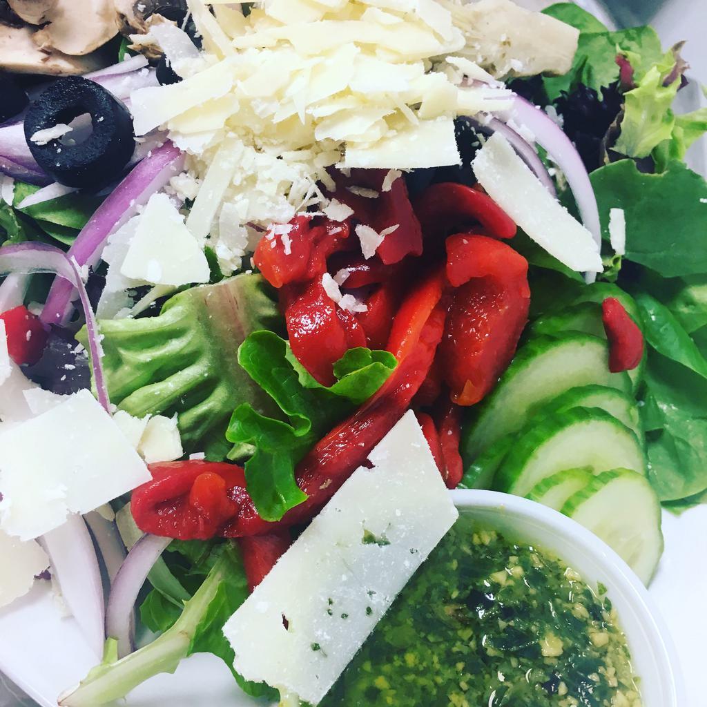 Mediterranean Salad Lunch (Vegetarian) · Marinated artichoke hearts, roasted red peppers, cucumber, red onion, mushroom, black olive, fresh greens, shaved Parmesan cheese, balsamic dressing and homemade pesto. Served on a bed of mixed greens. Grilled chicken for an additional charge.