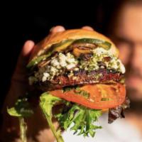 Goat Cheese Burger  · Angus patty, crumbled goat cheese, house made pistou, sauteed mushrooms, lettuce, tomato, br...
