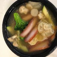 Wonton soup · Homemade wonton with pork and shrimp, with vegetables and BBQ Pork