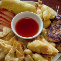 Bo Bo Platter · BBQ pork, teriyaki chicken, egg roll, fried shrimp, crab puff and sesame chicken.