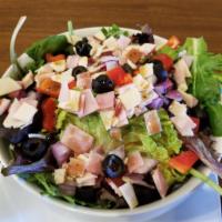 Chop Chop Salad  · Spring mix, chopped deli chicken and black forest ham, black olives, red onion, red pepper, ...