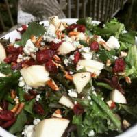Harvest Salad · Spring mix, diced apples, pecans, dried cranberries, blue cheese crumbles, red wine poppysee...