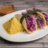 3 Cochinita Pibil Tacos · Handmade corn tortilla, delicious pibil style braised pork, served with pickled red onion, t...