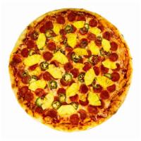 [GF] Pepperpineapeno · Gluten-free. Pepperoni, big slices of fresh pineapple and fresh jalapeno peppers on a marina...