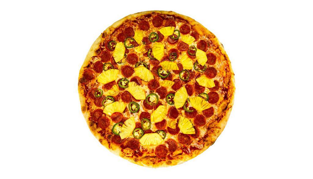 Pepperpineapeno · Pepperoni, big slices of fresh pineapple and fresh jalapeno peppers on a marinara base.