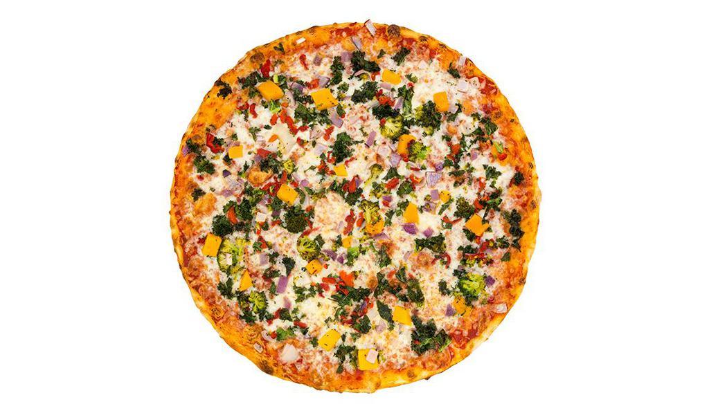[GF] Veggie Supreme · Gluten-free. Seasonal mix will contain some or all of the following
freshly diced veggies: onion, kale, broccoli, roasted red
peppers + squash on a rich marinara base.
No substitutions for this item, sorry! Gluten free pies are 12