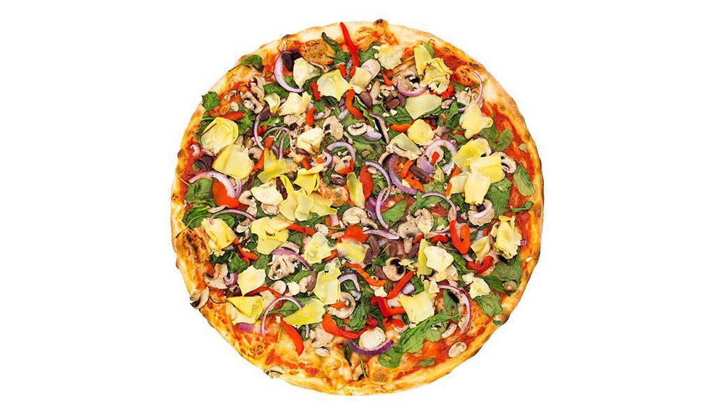 [GF] Vegan Nirvana · Gluten-free. Roasted red pepper, onion, artichoke hearts, Kalamata olives, spinach, mushrooms and garlic on a marinara base. Gluten free pies are 12