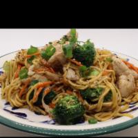 Yakisoba · Sauteed wheat flour noodles stir-fried, broccoli, carrot, onion, and cabbage in house sauce.