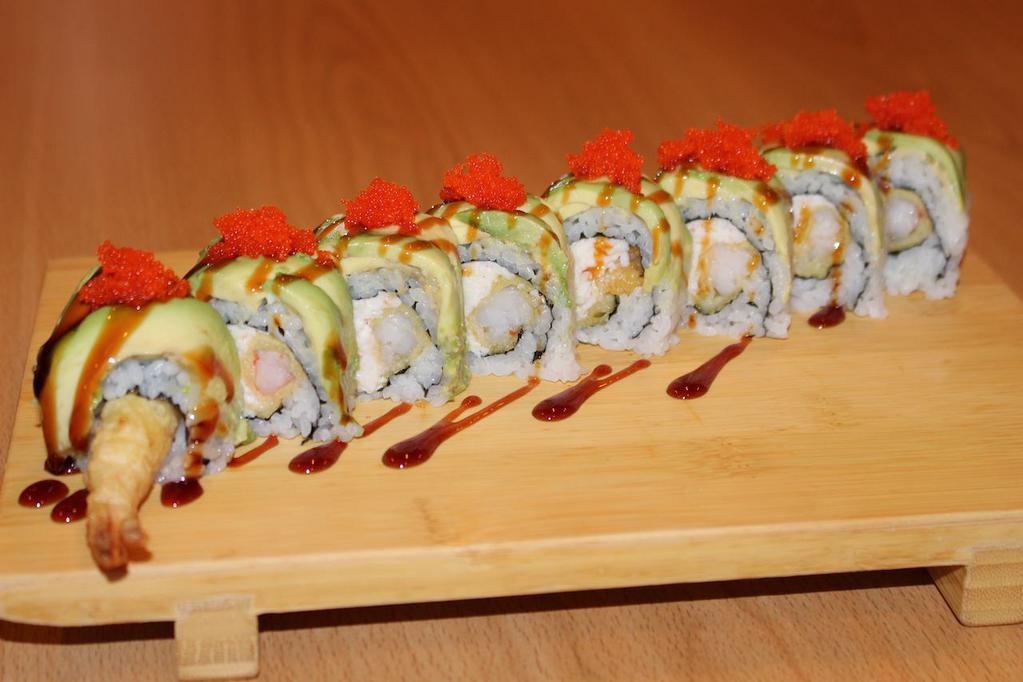 Angel Roll · 8 pieces. Crab, temp. Shrimp, avocado, eel sauce, masago.