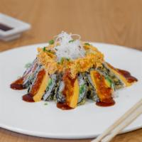 Fuji Mountain Roll · 8 pieces. Smoked salmon, spicy tuna, cucumber, avocado, cream cheese, baked imitation crab, ...