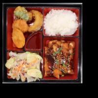 Bento 3 · Katsu chicken, house salad, tempura vegetable, rice.