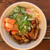 New Chicken BBQ Bowl (Limited) · Filipino style chicken bbq with crispy garlic, scallions, cucumbers, tomatoes, pickled papay...