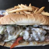 Philly Cheesesteak · Certified prime Angus steak/onions/peppers/American cheese/Amoroso roll