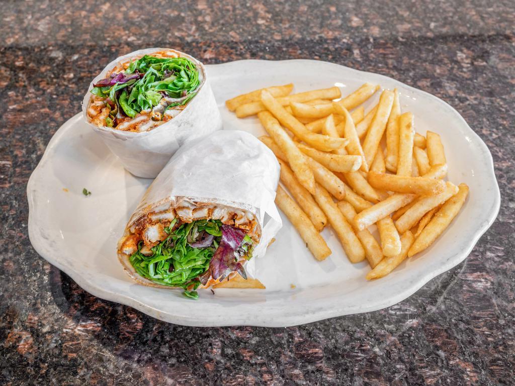 Buffalo Chicken Wrap · Chicken breast, mixed greens, mozzarella cheese, hot sauce and bleu cheese dressing. Served with crispy fries🍟