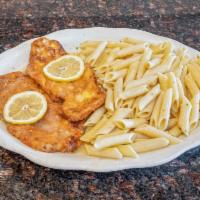 Chicken Francese · Breast of chicken sauteed with a lemon and butter sauce. Served with your choice of pasta.
