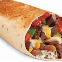 Grilled Steak Burrito · Charbroiled steak, pinto beans, pico de gallo, cilantro-lime rice, hot sauce and a four-chee...