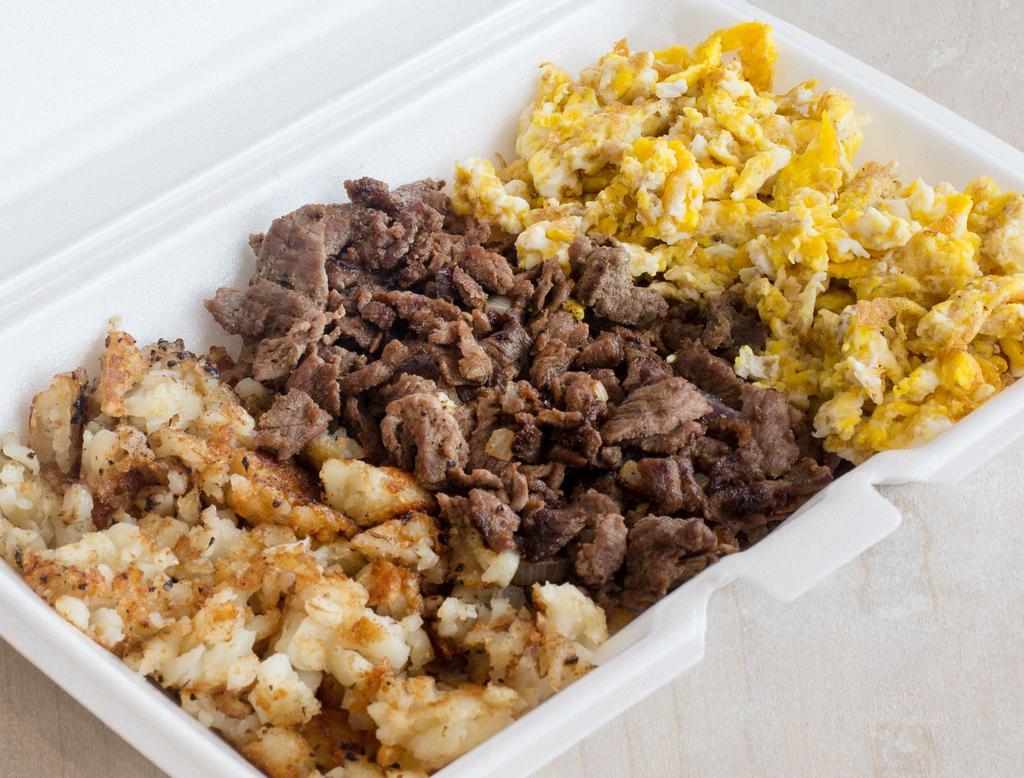 Morning Delight · 2 any style eggs, grilled steak with onions, and shredded hash brown.