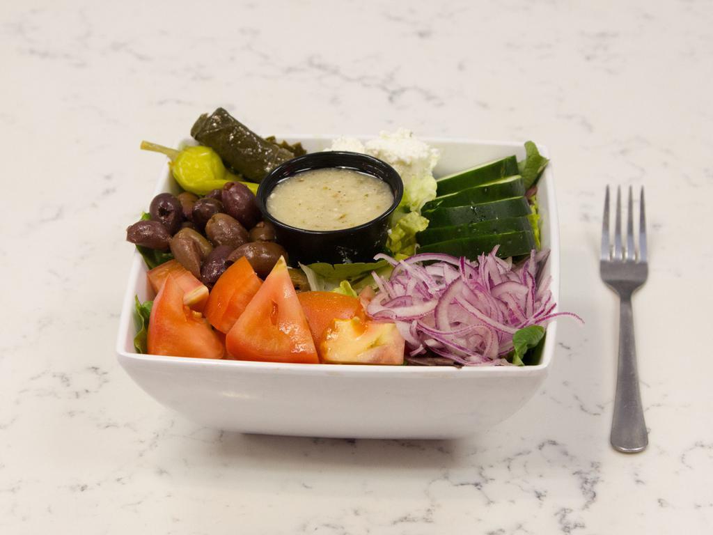 GoGreek Salad w/ Protein · Greek salad with gyro meat, chicken, or falafel.