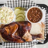 1/2 Chicken Dinner · a halved  smoked chicken with your choice of two sides