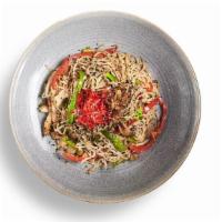 40. Shrimp Yaki Soba · Soba noodles with shrimp, egg, peppers, beansprouts, onion, scallions.
