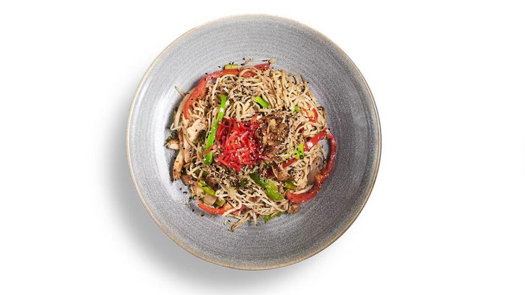 40. Shrimp Yaki Soba · Soba noodles with shrimp, egg, peppers, beansprouts, onion, scallions.