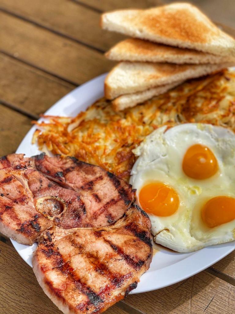 Smoked Ham Steak & Eggs · Served with 3 eggs, hashbrowns or home fries, toast and jelly.