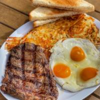 Steak & Eggs · Served with 3 eggs, hashbrowns or home fries, toast and jelly.
