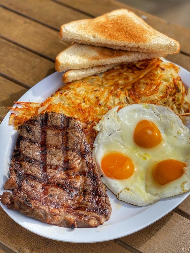 Steak & Eggs · Served with 3 eggs, hashbrowns or home fries, toast and jelly.
