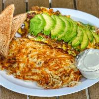 Ted's Omelette · Bacon, mushroom, onions, bell pepper, tomato, topped with cheese, sour cream, and avocado.  ...