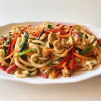 Stir Fry Udon Noodle 炒烏冬麵 · Your choice of protein stir fried with chewy udon noodles and a medley of vegetables- cabbag...