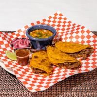 Quesadillas · Melted cheese inside a folded griddled flour tortilla. Served in corn or flour tortillas, st...