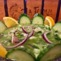 Aguachile Verde · Shrimp marinated in Mexican lime juice, green jalapeno hot sauce mixed with chopped cucumber...