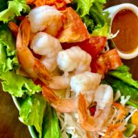 Thailander Fresh Salad with Shrimp · Fresh salad mixed, lettuce, carrot, tomato, iceberg, cabbage with shrimps and served with pe...