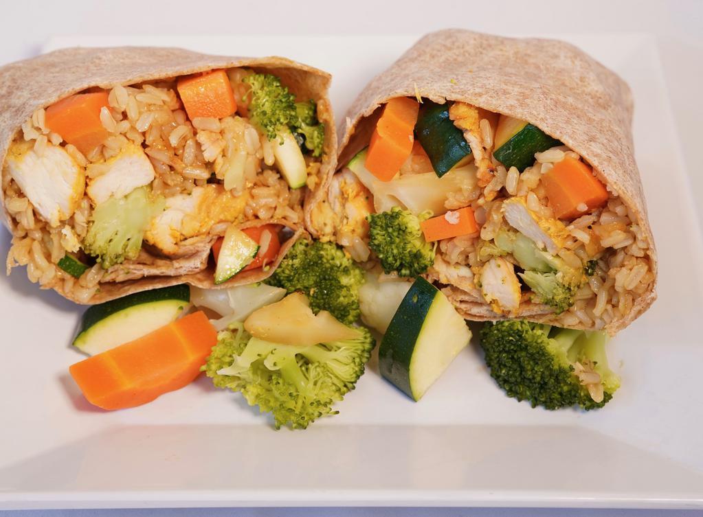 21. Teriyaki Glazed Wrap · Chicken and mixed veggies grilled with lite glazed teriyaki sauce and a touch of brown rice.