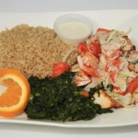 44. Popeye Energy · Chicken, tomatoes and onions baked with tahini served with spinach and organic brown rice.
