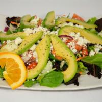 100. Goat Cheese and Avocado Salad · With mixed greens, romaine, shredded carrots, red onions, tomatoes, cucumbers, lemon, olive ...