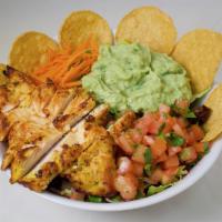 107. Guacamole Crunch Chicken Salad · Grilled chicken, tortilla chips and guacamole over mixed greens.