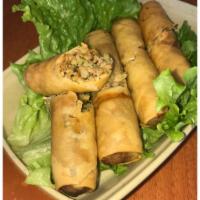Egg Rolls · Deep-fried egg rolls stuffed with clear noodles, ground pork, and cabbage. Served with sweet...