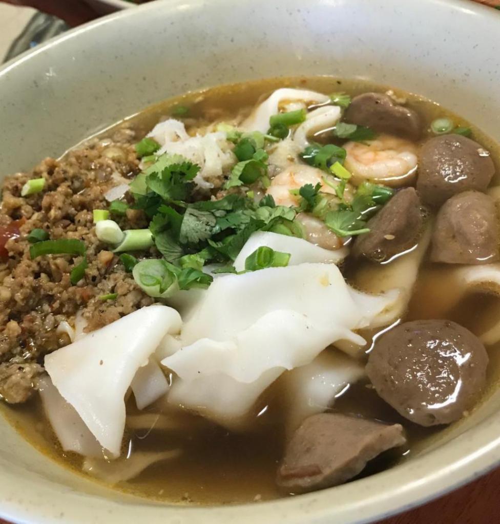 Kasoy Soup · Flat rice noodles, ground pork, beef balls, tripe, shrimp with savory beef broth.