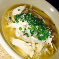 Chicken Pho · Pho rice noodles and sliced chicken in savory beef broth.