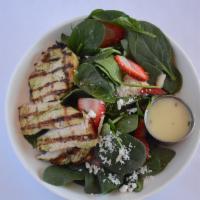 Strawberry Spinach Salad with Chicken · Grilled chicken breast, fresh baby spinach, strawberries,
slivered almonds, feta crumbles, w...