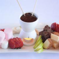 Fondue for Two · Chocolate Fondue with pound cake, fresh fruit, marshmallows, and brownie, bites.