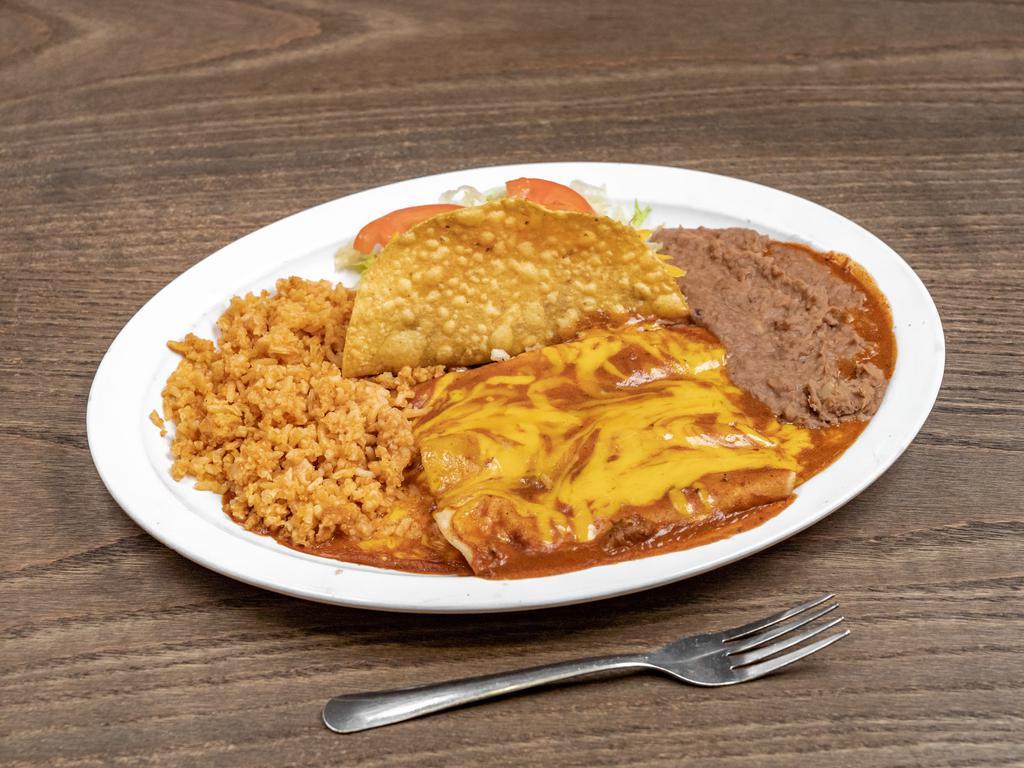 2. Plato Mexicano · 1 crispy taco, 2 cheese enchiladas, rice, and beans. Comes with rice, beans, salad, and two homemade tortillas.

