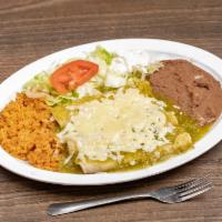 5. Enchiladas Verdes con Pollo Plate · 3 chicken enchiladas in green sauce with sour cream. Comes with rice, beans, salad, and two ...